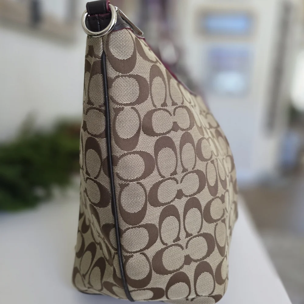 Coach Signature Pleat Tote - Khaki/Tan Canvas With Brown Leather & Pink Accents - Picture 6 of 16